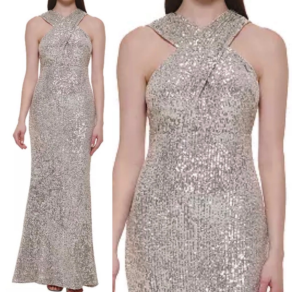 ELIZA J
Petite Sequined Crisscross
Halter Empire-Waist Gown size 10P Petite